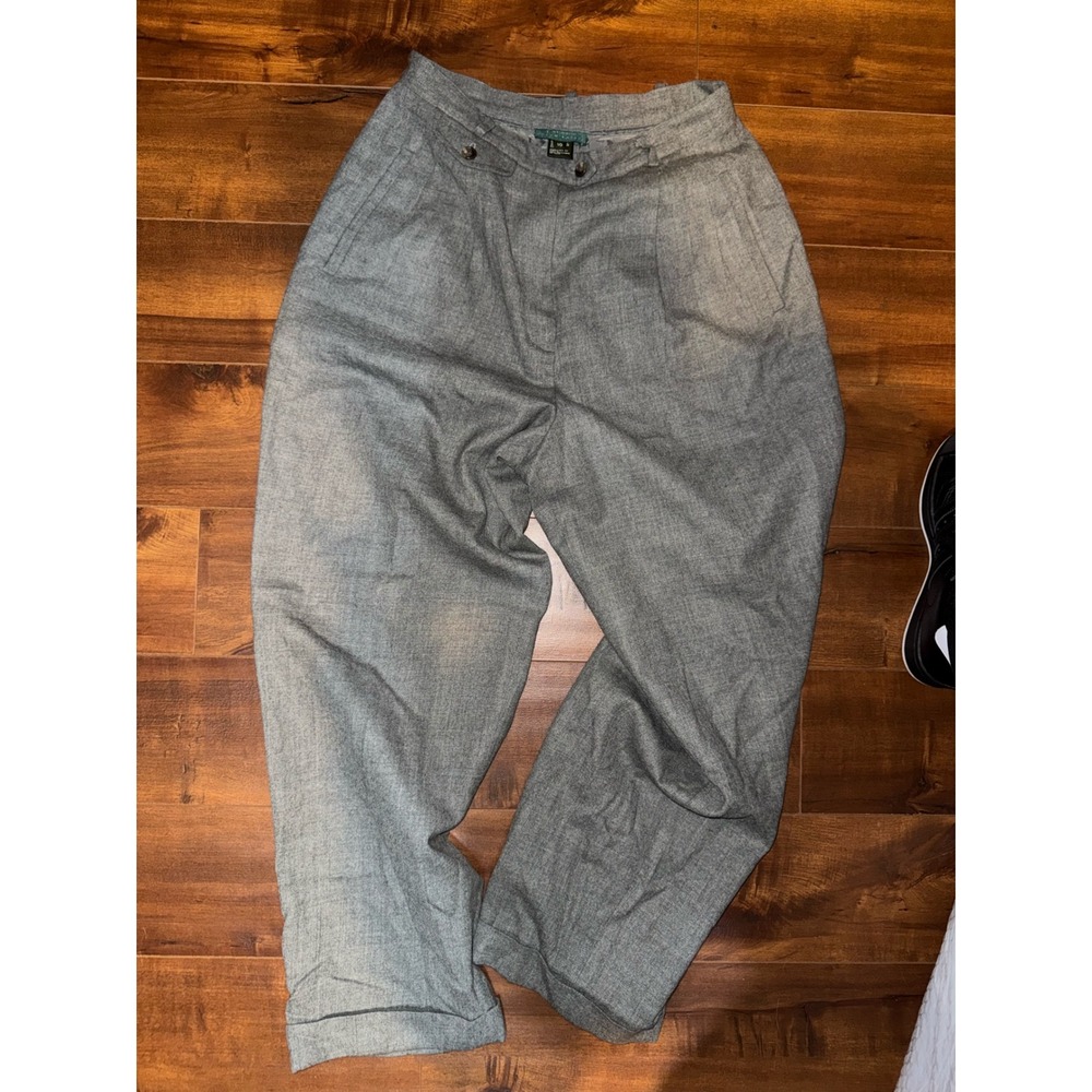 Lauren Ralph Lauren Grey 100% Wool Pleated Wide Leg Cuffed Trousers Size 10